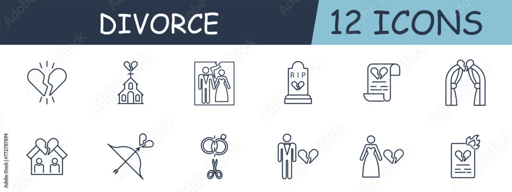 Divorce set line icon. Church, document, veil, rings, priest, ritual, Cupid. 12 line icon Vector line icon for business and advertising