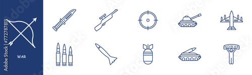 War set line icon. Knife, sight, rifle, tanks, equipment, bomb, rocket, cartridges. Pastel colors background Vector line icon for business and advertising