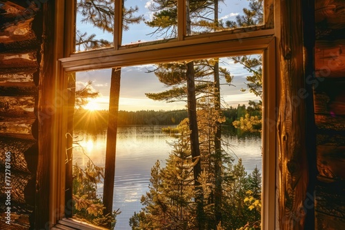 A picturesque window view of a tranquil lakeside cabin surrounded by towering pine trees, with the serene waters of the lake reflecting the golden hues of the setting sun, Generative AI