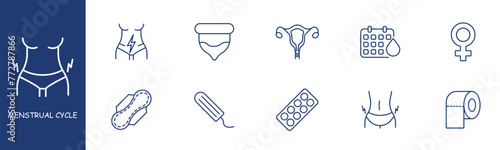 Menstrual cycle set line icon. Uterus, ovaries, toilet paper, pad, tampon, underwear, calendar. Pastel colors background Vector line icon for business and advertising