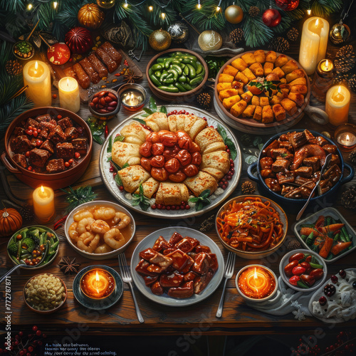 A table is set with a variety of foods, including a large plate of meatballs