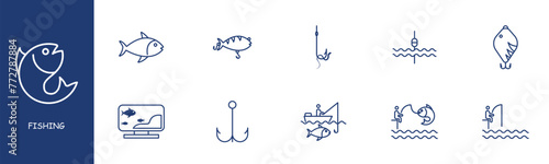 Fishing set line icon. Wobbler, bait, fish, water, lake, ocean, boat, hook. Pastel colors background. Vector line icon for business and advertising photo