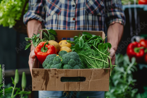 A man is holding a box of vegetables, including broccoli, potatoes, and peppers