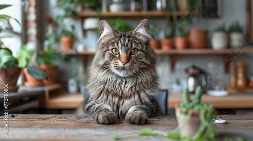  A cat perched atop a wooden table beside a potted plant