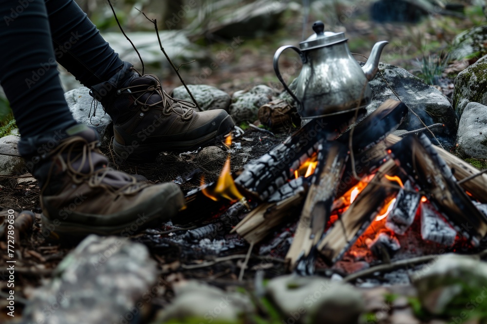 person taking a break from hiking, heating water in teapot at campfire person taking a break from hiking, heating water in teapot at campfire