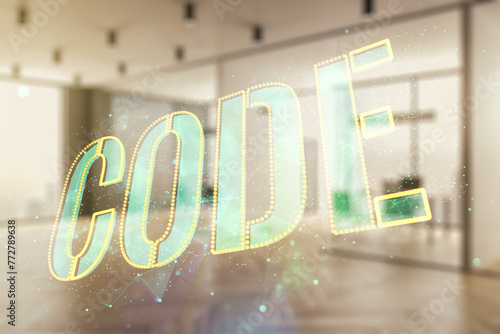 Code word hologram on a modern furnished classroom background, international software development concept. Multiexposure photo