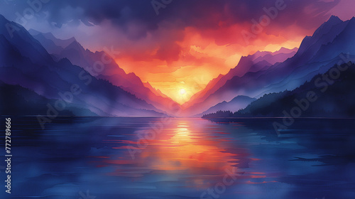 Watercolor painting of sky, mountains and sunlight shining brightly.