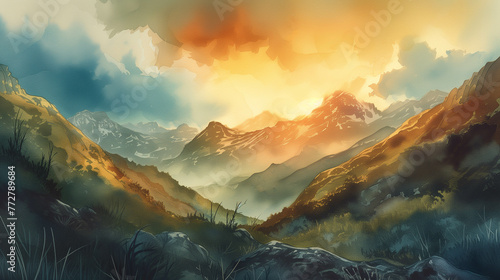 Watercolor painting of sky, mountains and sunlight shining brightly. © Gun