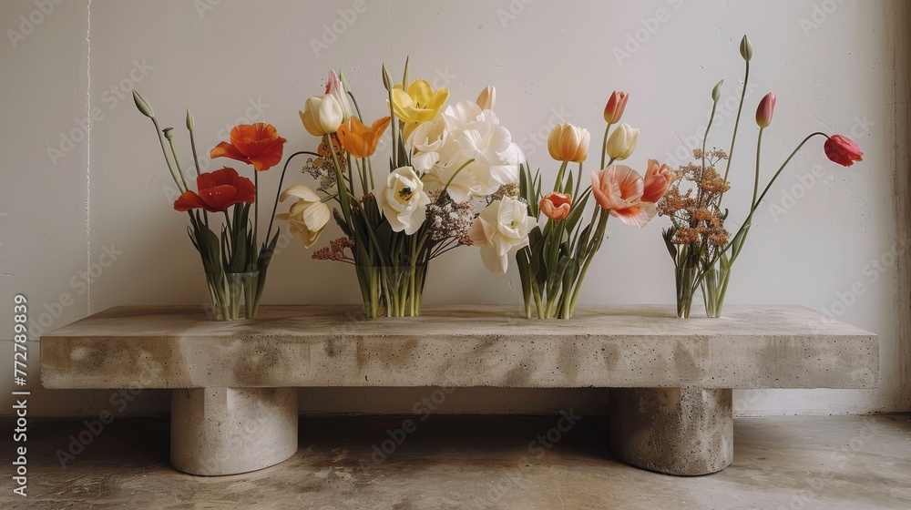 A group of flowers sits atop a cement bench, facing a white wall and adjacent to a window A group of flowers sits atop a cement bench, facing a white wall and adjacent to a window