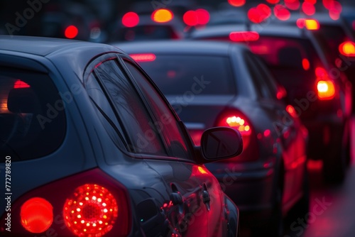 closeup on red brake lights of cars in a traffic jam at dusk © studioworkstock