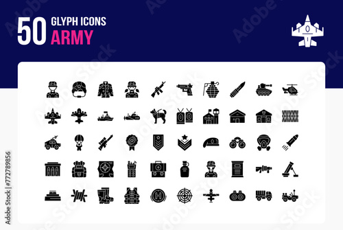 Set of 50 Army icons related to Soldier, Military helmet, Uniform, Rifle Glyph Icon collection photo