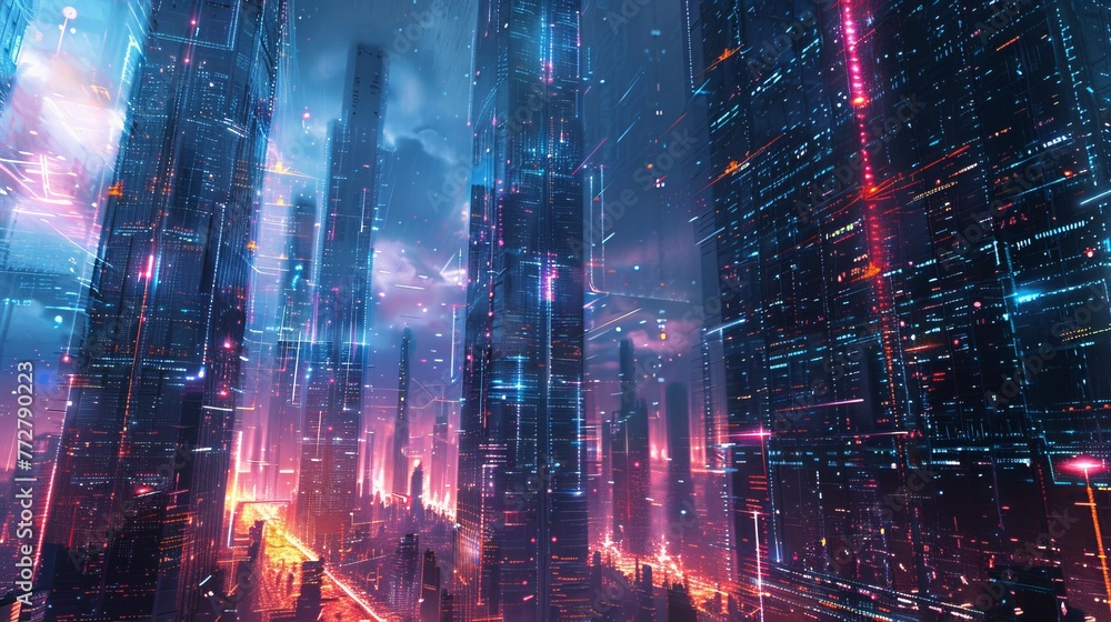 A city where skyscrapers are giant robots, towering over streets of glowing code