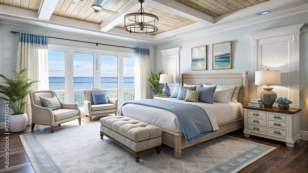 Coastal style master bedroom with a beach house spirit design