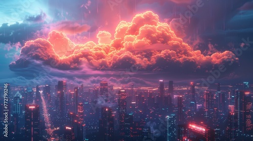 A cityscape where clouds are made of glowing neon lights © MAY