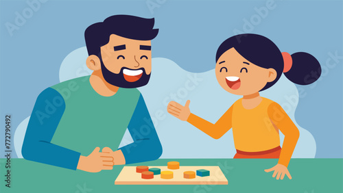 A father and daughter laughing uncontrollably as they playfully trash talk each other in the heat of a competitive board game match.