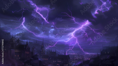 A stormy sky with a purple and blue sky and a tall power line. The sky is filled with lightning bolts