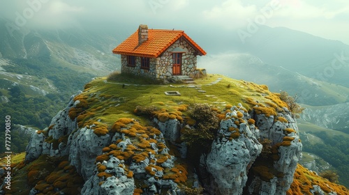   A tiny house perched atop a mountain, with moss covering the rocks below and lush grass crowning the peak