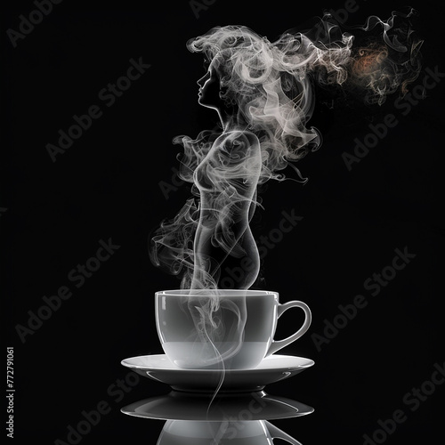 3d rendered photos of cup of coffee steam coming out of it the steam is forming the full body shape of a woman above the cup made with generative AI