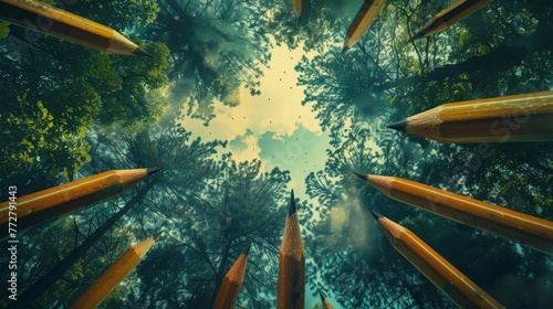 A forest where the trees are giant pencils drawing in the sky photo