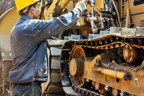foreman inspecting the hydraulic system of a bulldozer