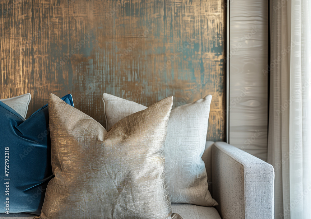 Against a backdrop of textured wallpaper and metallic accents, the close-up of the modern luxury interior design exuded warmth and intimacy, inviting guests to indulge in the comforts of luxurious li - obrazy, fototapety, plakaty 