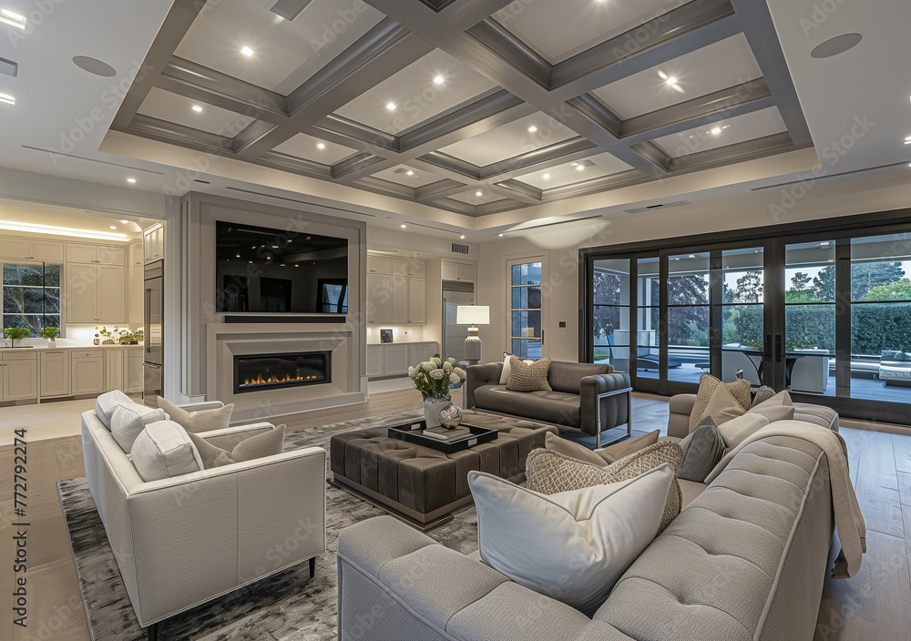 Fototapeta premium Positioned beneath coffered ceilings and intricate moldings, the modern luxury interior design showcased architectural elegance and attention to detail, enhancing its grand and luxurious ambiance.