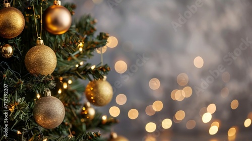 A Christmas tree covered in shiny gold and silver ornaments  sparkling under holiday lights