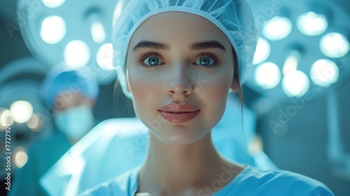 Female Surgeon in Scrubs Poised for Surgery in Operating Room