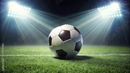 Soccer ball rests on a stadium field amidst green grass under the light