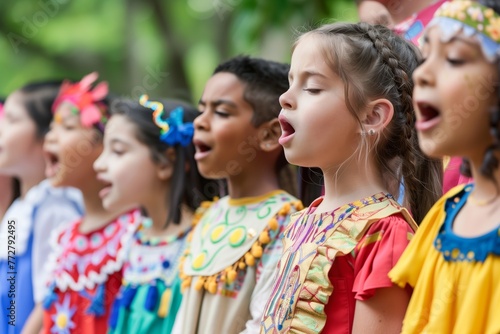 diverse kids in colorful outfits singing in a multicultural festival © studioworkstock