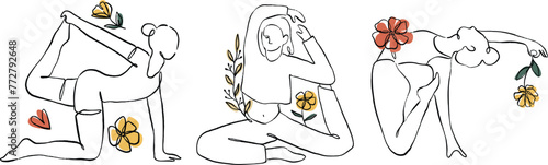 Aesthetic Line Art Yoga Floral set Illustration Vector