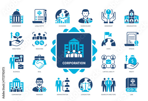 Corporation icon set. Government, Organisation, Investment, Limited Liability, Profit, Administration, Shareholder, Law. Duotone color solid icons