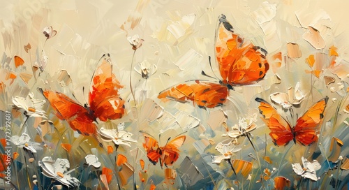 "Orange Butterflies and White Flowers Oil Painting"