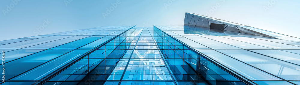 Obraz premium A modern building, angular and clad in glass, stands as a beacon of contemporary design, merging form with function.