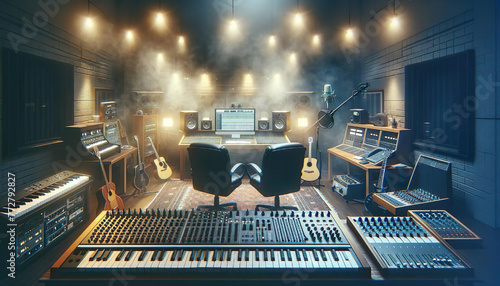 A music recording studio bathed in a soft mist, brimming with creative potential