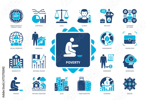 Poverty icon set. Legal, Politics, Depression, Environment, Natural Disaster, Borrower, Slum, Homeless. Duotone color solid icons