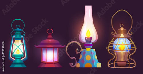 Old oil and gas lamp with flame. Cartoon vector illustration set of glowing vintage kerosene lantern. Antique classic petrol light bulb with handle. retro mine or camp portable lamp with fire.