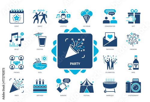 Party icon set. Dance, Ice Cream, Celebration, Barbecue, Festival, Lifestyle, Firework, Photography. Duotone color solid icons