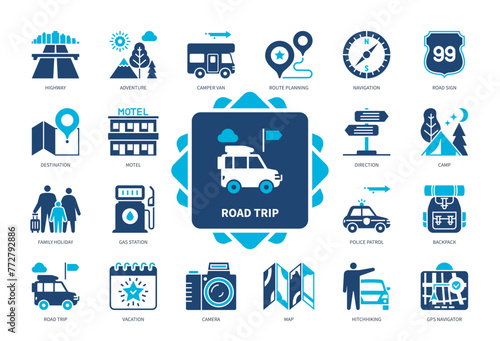 Road Trip icon set. Adventure, Highway, Family Holiday, Motel, Gas Station, Hitchhiking, Navigation, Map. Duotone color solid icons photo