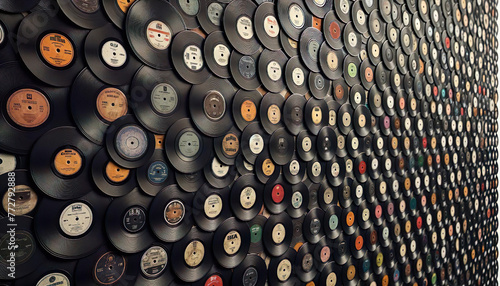 A texture of vintage vinyl records, a collage of musical history photo