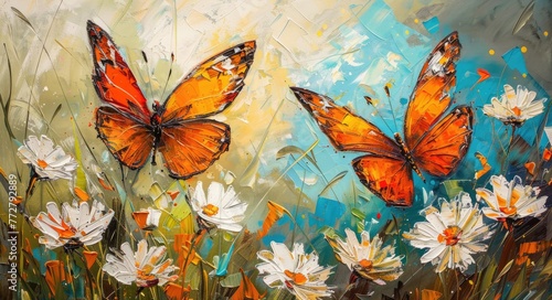  Orange Butterflies and White Flowers Oil Painting 