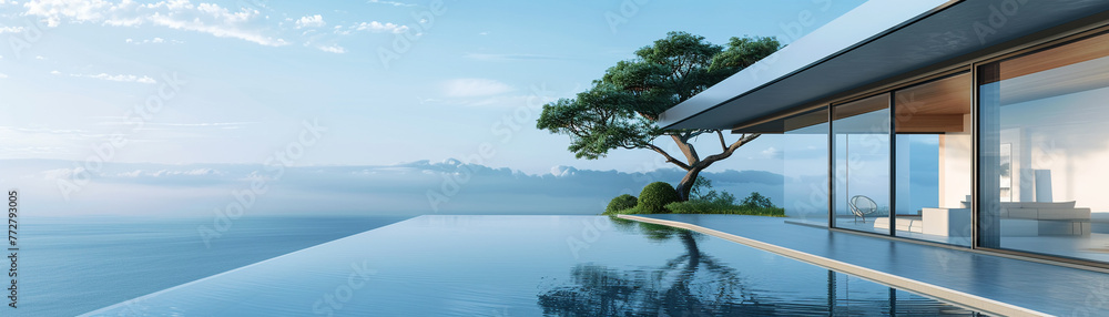 Fototapeta premium A tranquil ocean view framed by minimalist modern architecture offers a serene escape into nature's vast beauty.