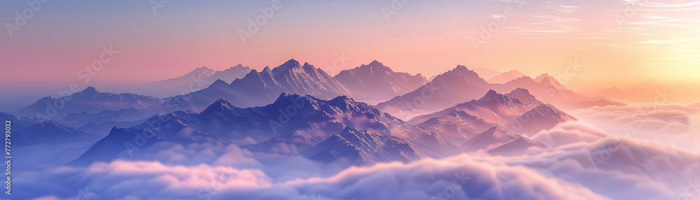 Above the clouds, the mountains greet the sunrise with serenity, their peaks bathed in the early light of a new day.