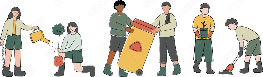 Young people in recycle go green activity set Illustration Vector