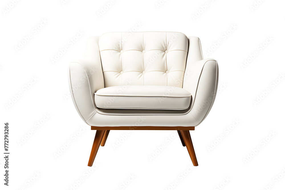 Front of office leather chair or sofa small white isolated on cut out PNG or transparent background. Decorated place in living room or drawing room. Modern interior decoration meeting room.