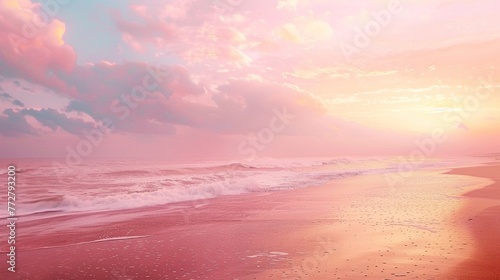 A beach at sunrise, the sky painted in shades of pink and gold, evoking a sense of wonder and possibility