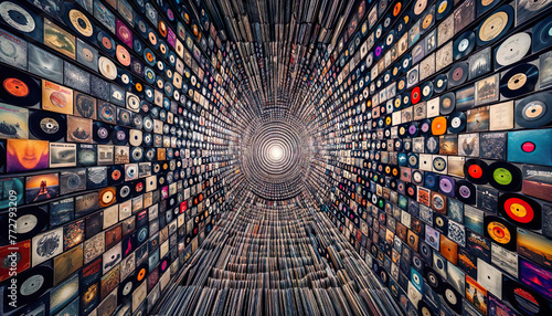 An immersive room entirely clad in vintage music records, creating a hypnotic vinyl tunnel