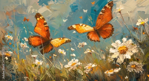 "Orange Butterflies and White Flowers Oil Painting"