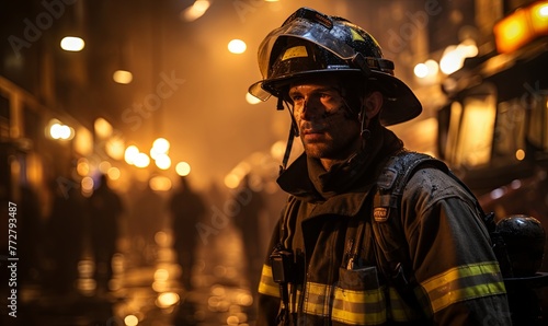 Firefighter Standing in Street at Night