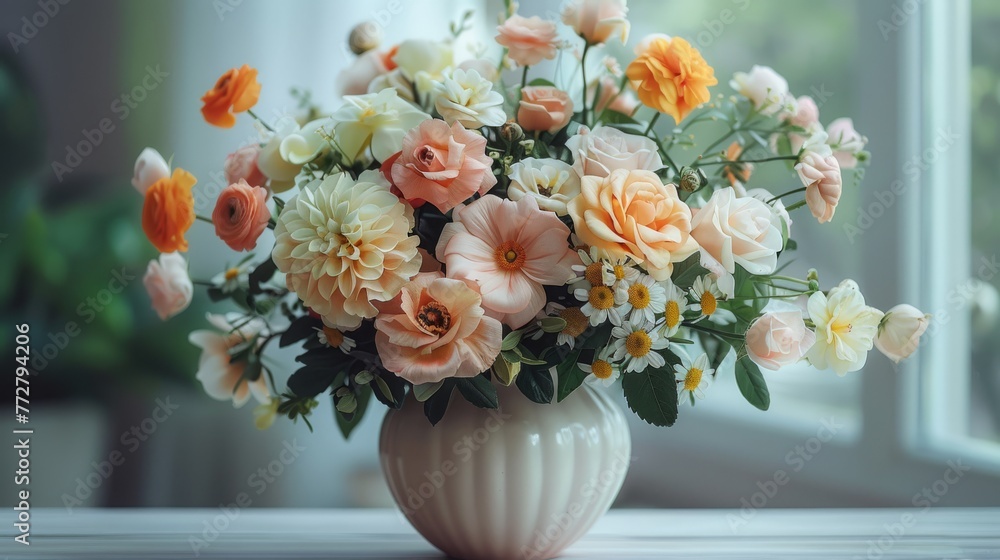 A vase brimming with vibrant pink and orange blossoms graces the window sill, flanking the glass pane A vase brimming with vibrant pink and orange blossoms graces the window sill, flanking the glass pane